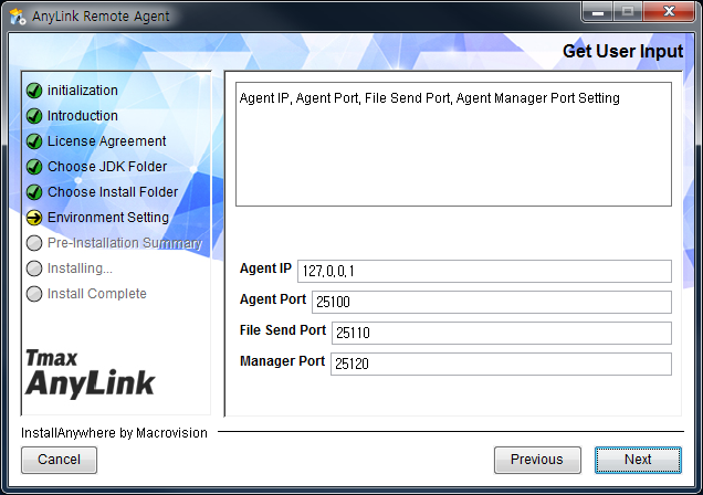 AnyLink Remote Agent Installer - Environment Settings