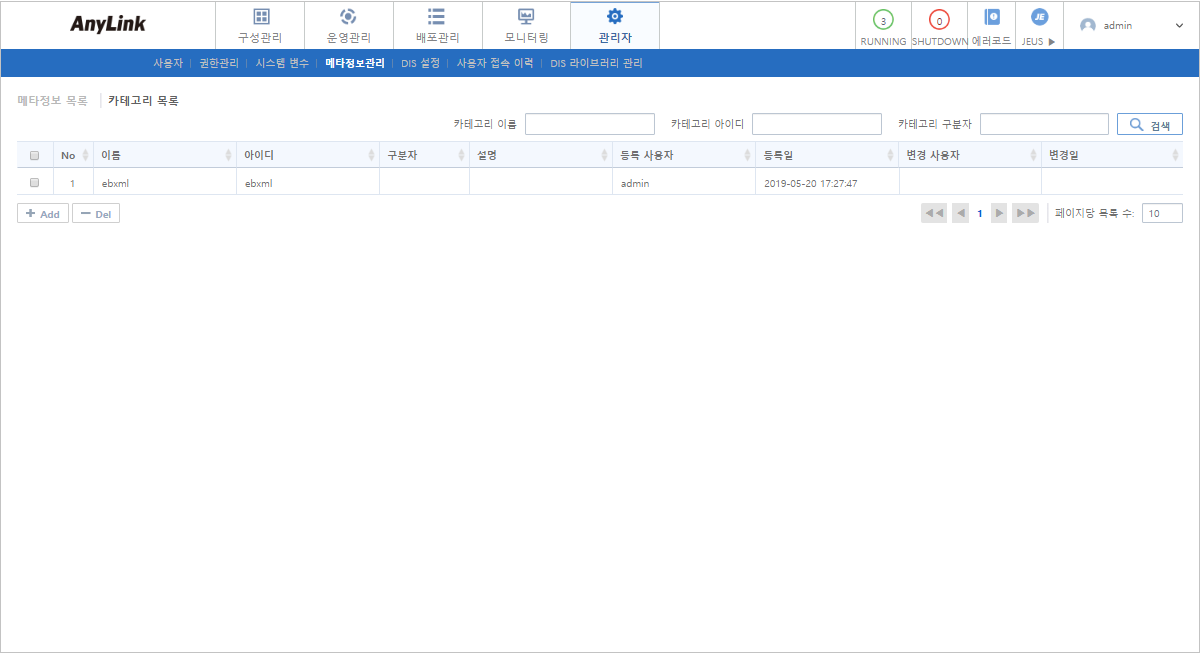 [관리자] - [메타정보관리] - 카테고리 목록