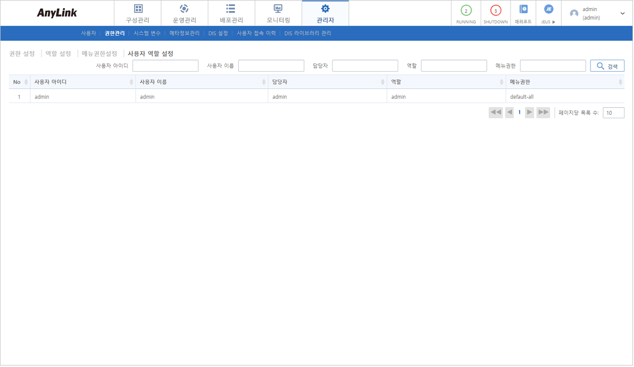 [관리자] - [사용자 역할 설정] - 사용자 역할 목록
