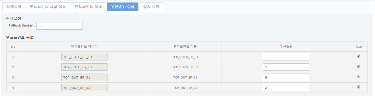 [구성관리] - [어댑터] - 엔드포인트그룹 상세정보 - [우선순위 설정] 탭