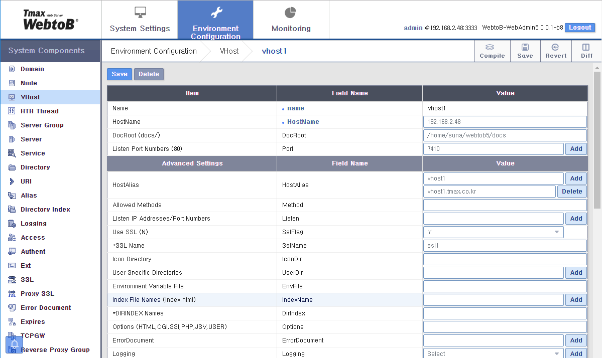 WebAdminのEnvironment Configuration - VHost